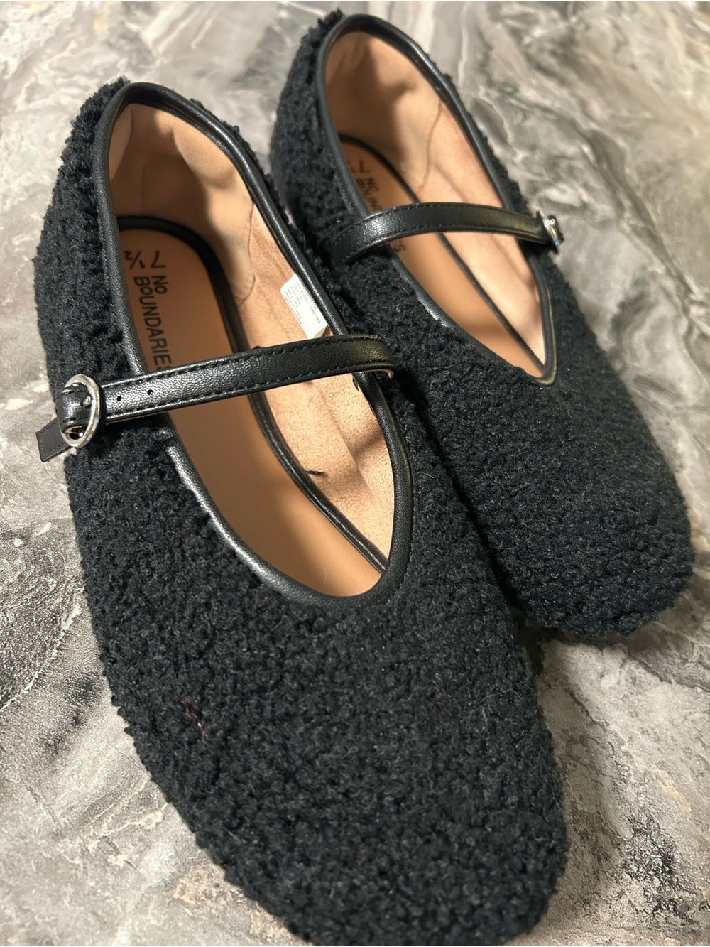 No Boundaries Black Bouclé Mary Jane Flats with Slim Strap